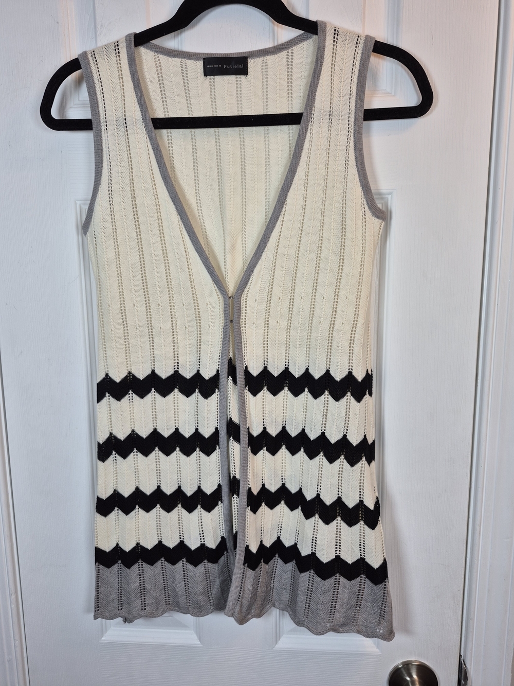 Putielal Chevron Pointelle Knit Sweater Vest Duster Black Cream M Boho Indie